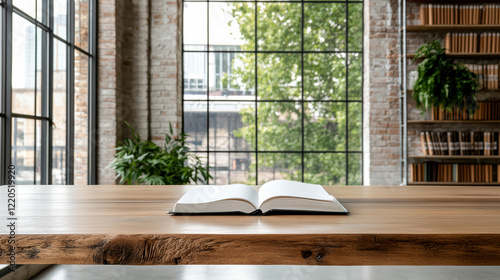 Wallpaper Mural serene library with soft lighting, open book on wooden table Torontodigital.ca
