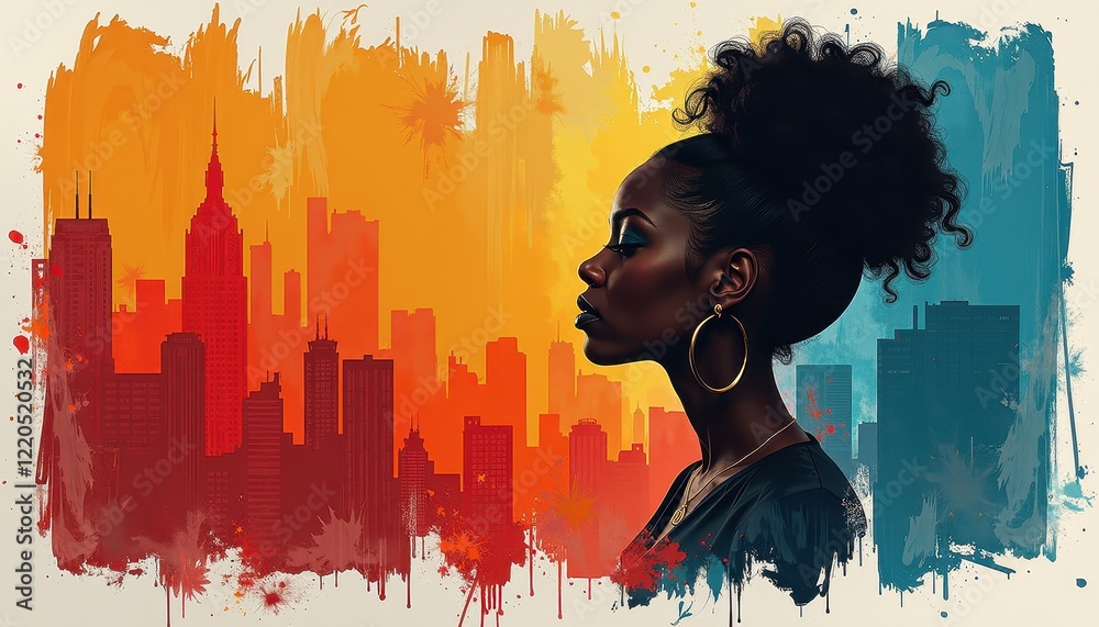 Obraz premium Black History Month: Afro-Woman Against Vibrant Urban Palette