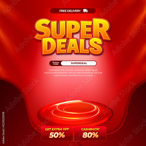 Super Sale deal Discount Bright vibrant Red Discount square banner for Advertising and Promotion Special Podium showcase red glass effect