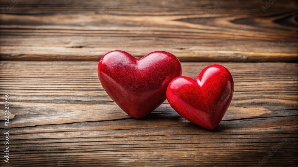 A close-up shot of two red hearts resting on a wooden surface with visible grain texture, red heart, rustic charm A close-up shot of two red hearts resting on a wooden surface with visible grain texture, red heart, rustic charm