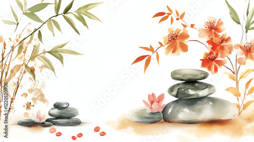 A serene illustration featuring stacked stones, bamboo, and colorful flowers, creating a tranquil atmosphere. Ideal for relaxation and mindfulness themes. photo