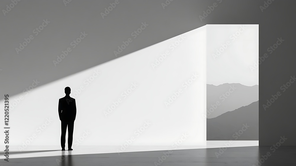 A Solitary Figure Staring into the Void: Contemplation of a Minimalistic Space with Warm Light and Natural Elements Beyond the Threshold