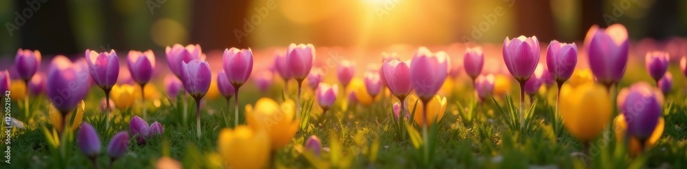 Field of crocuses stretching towards the sunlight, stretch, sunlight Field of crocuses stretching towards the sunlight, stretch, sunlight