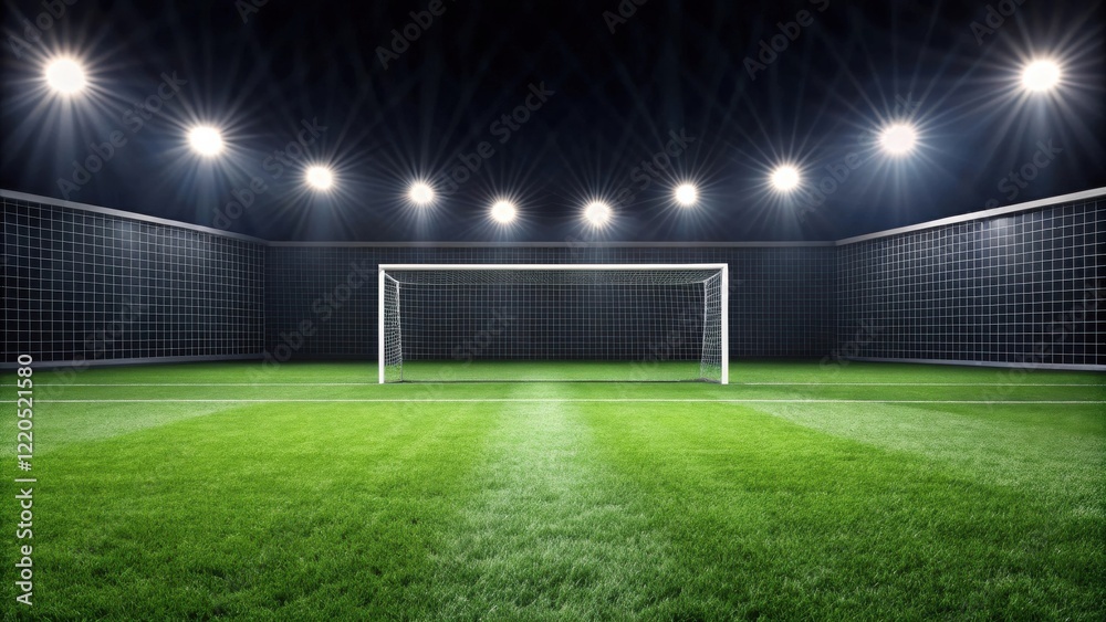 Fototapeta premium Nighttime soccer field with goal and stadium lighting