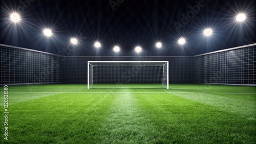 Nighttime soccer field with goal and stadium lighting