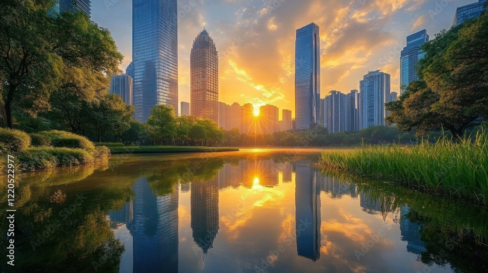 Fototapeta premium Sunrise city park reflection, skyscrapers, tranquil dawn