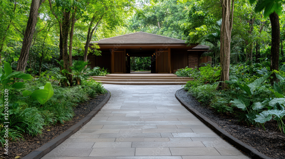 serene path leads to modern building surrounded by lush greenery serene path leads to modern building surrounded by lush greenery