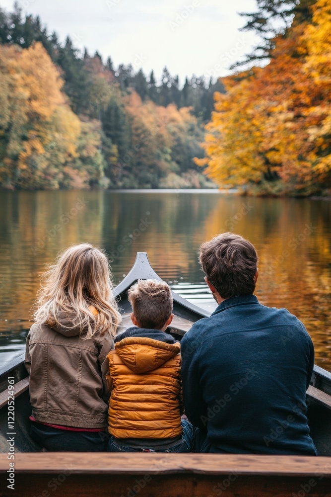 Fototapeta premium a family taking a leisurely boat ride on a serene lake surrounded by autumn trees, peace and bonding,
