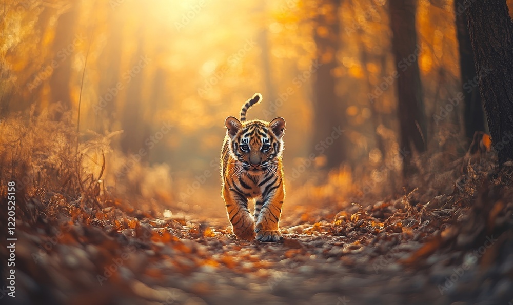 Adorable Tiger Cub Exploring Lush Forest in Golden Light, Wildlife Photography, Majestic Animal in Natural Habitat, Young Tiger Wandering Through Sunlit Woods, Nature and Wildlife, Generative AI Adorable Tiger Cub Exploring Lush Forest in Golden Light, Wildlife Photography, Majestic Animal in Natural Habitat, Young Tiger Wandering Through Sunlit Woods, Nature and Wildlife, Generative AI