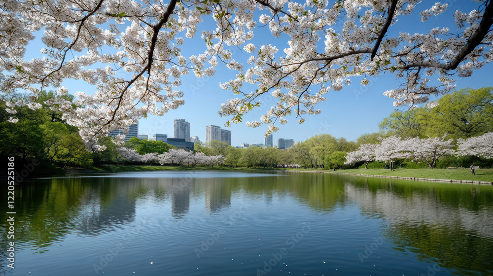 serene park with cherry blossoms reflecting on calm water serene park with cherry blossoms reflecting on calm water