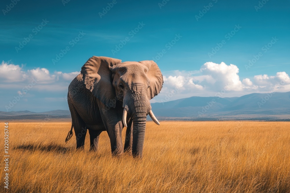 Obraz premium Majestic elephant standing in golden grasslands under a clear blue sky