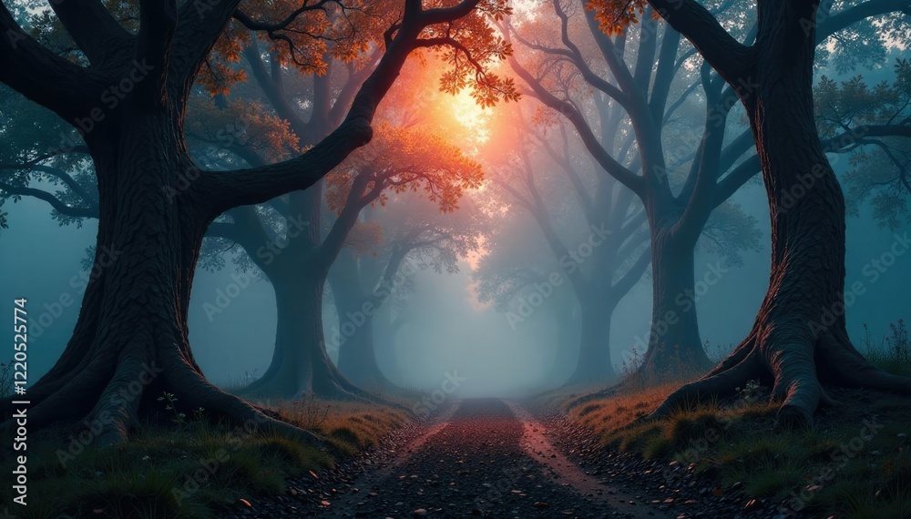 Fototapeta premium A glowing mist surrounds a forest of ancient, twisted trees, landscape, trees, forest