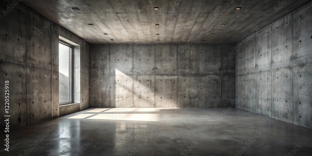 Empty industrial room with concrete walls and floor, featuring a single window letting in natural light Empty industrial room with concrete walls and floor, featuring a single window letting in natural light