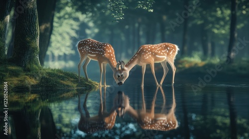 Two deer drinking, forest pond reflection, misty morning, nature scene, wildlife photo