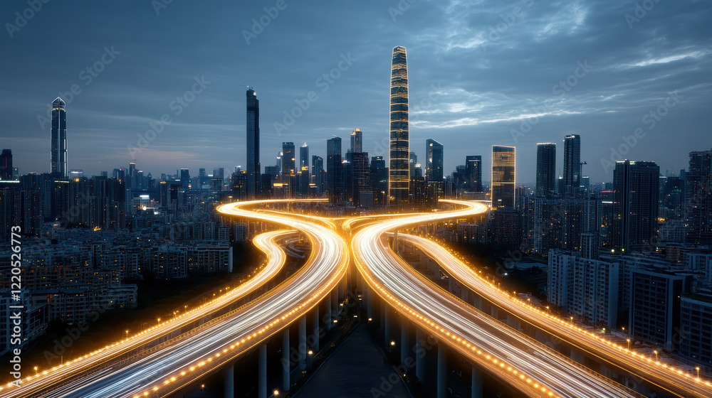 Aerial view of city skyline with illuminated highways at dusk Aerial view of city skyline with illuminated highways at dusk