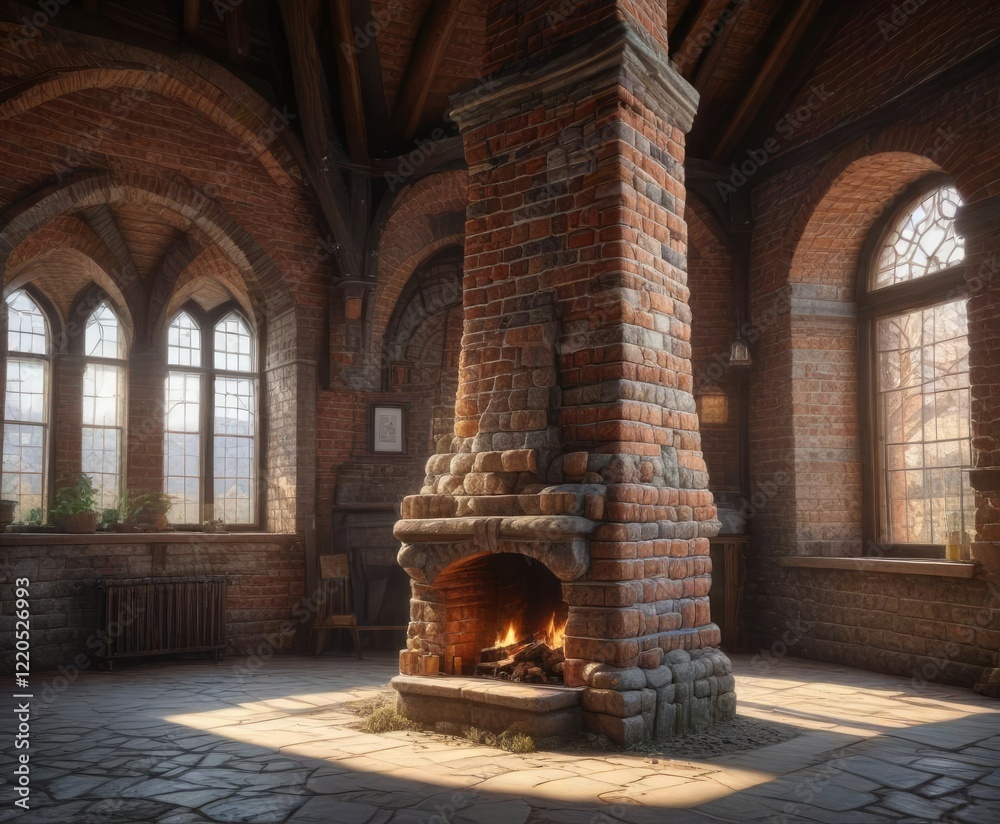 A large stone chimney with a high ceiling and ornate brickwork, chiminea, natural texture, brickwork A large stone chimney with a high ceiling and ornate brickwork, chiminea, natural texture, brickwork