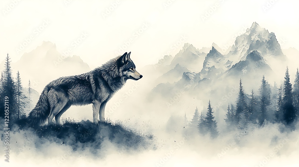 Obraz premium wolf standing mountain misty forest photo
