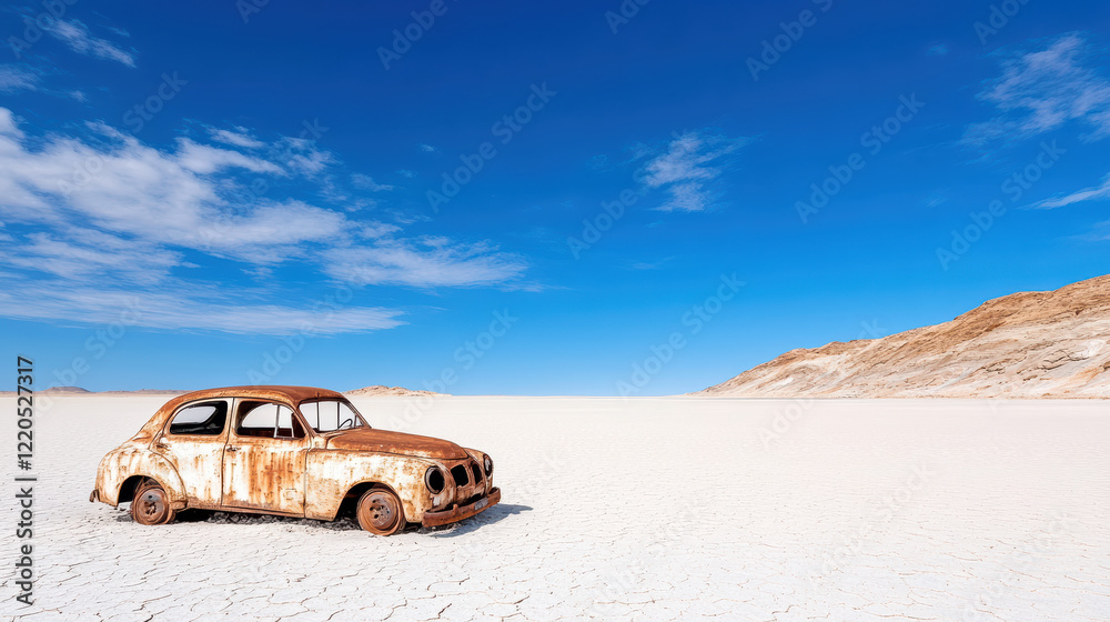 Obraz premium old rusted car sits half buried in white sand under clear blue sky