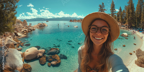 Joyful selfie of woman at lake tahoe california outdoor adventure scenic beauty bright day fun and relaxation