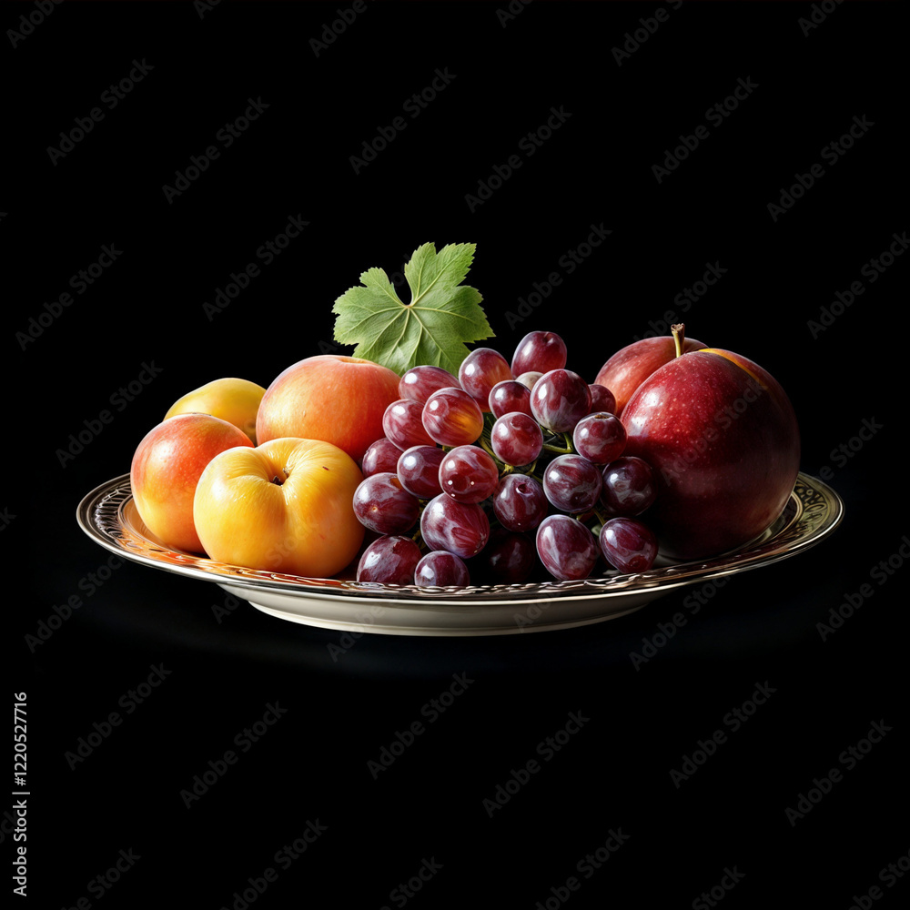 The image shows a decorative silver platter filled with various fruits, including apricots, red grapes, and a red apple, set against a dark background.