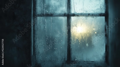 Frozen window, winter sunset, ice, droplets, interior view