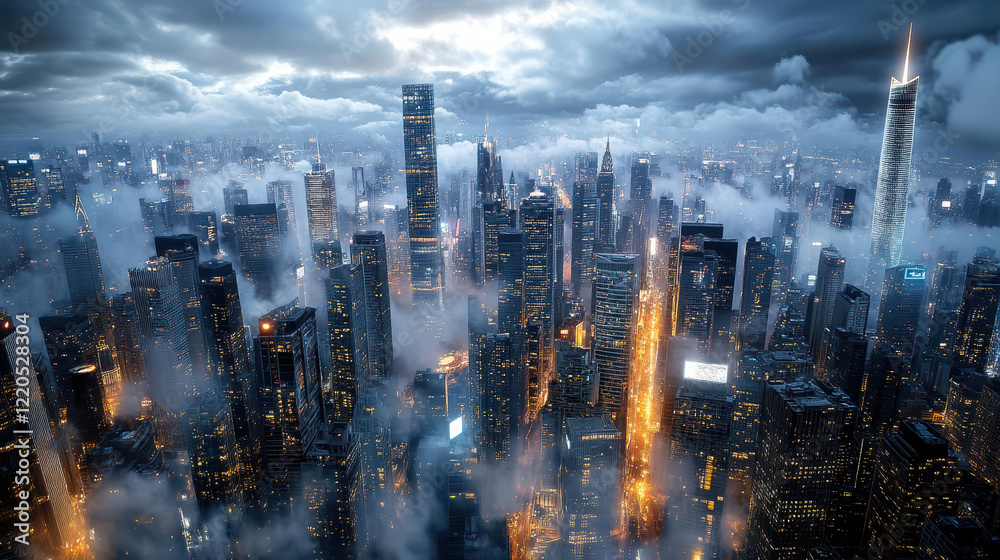 Fototapeta premium Aerial view of city skyline with skyscrapers and dramatic clouds