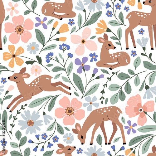 Seamless vector pattern with cute fawn on floral background. Hand drawn woodland illustration. Perfect for textile, wallpaper or print design. EPS10 vector file.