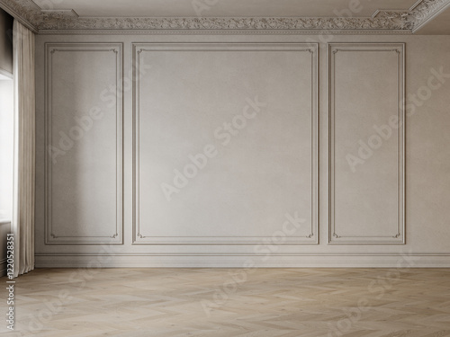 Empty beige classic interior with blank wall, moldings, stucco and chevron wood floor. 3d render illustration mockup.