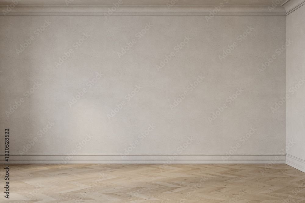 Empty beige classic interior with blank wall and chevron wood floor. 3d render illustration mockup. Empty beige classic interior with blank wall and chevron wood floor. 3d render illustration mockup.