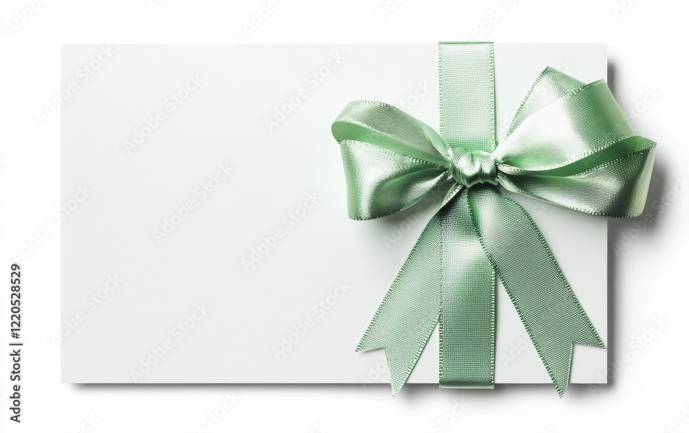 A white gift coupon with a light green ribbon and bow on the right side, designed with space for branding, isolated on a pristine white background A white gift coupon with a light green ribbon and bow on the right side, designed with space for branding, isolated on a pristine white background