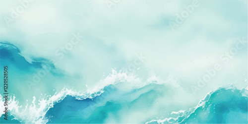 Tranquil Water Wave Background Featuring a Beautiful Watercolor Texture in Soft Shades of Blue and Green, Perfect for Elegant and Calm Ocean-Themed Visual Design Work.
