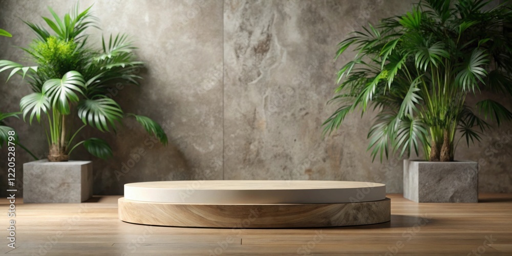 Wooden display platform with potted plants and textured background Wooden display platform with potted plants and textured background