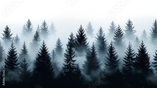 Misty mountain forest panorama, trees in fog, nature background, website banner