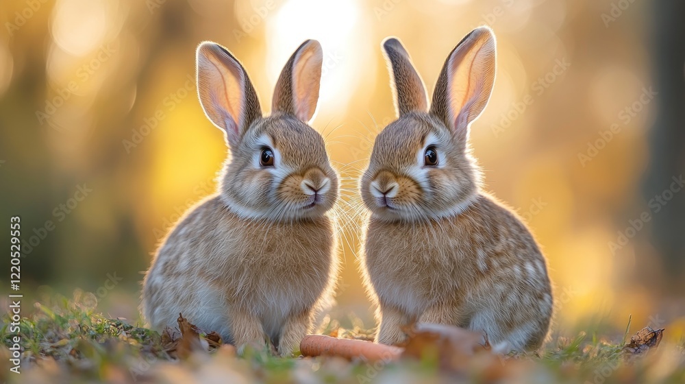 Two rabbits sunset forest autumn leaves greeting card