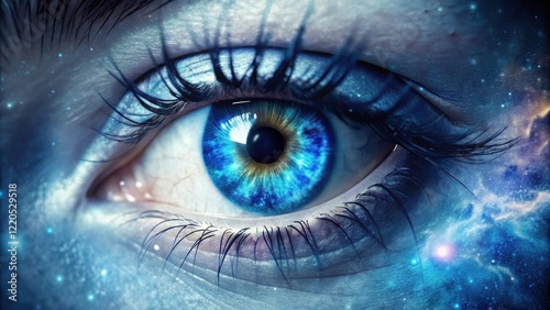 Close-up of a vibrant blue eye merging with a cosmic nebula, a surreal vision of the universe within