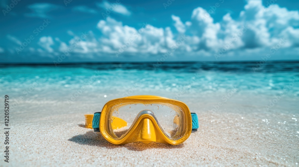 Obraz premium Yellow diving mask on tropical beach, ocean background