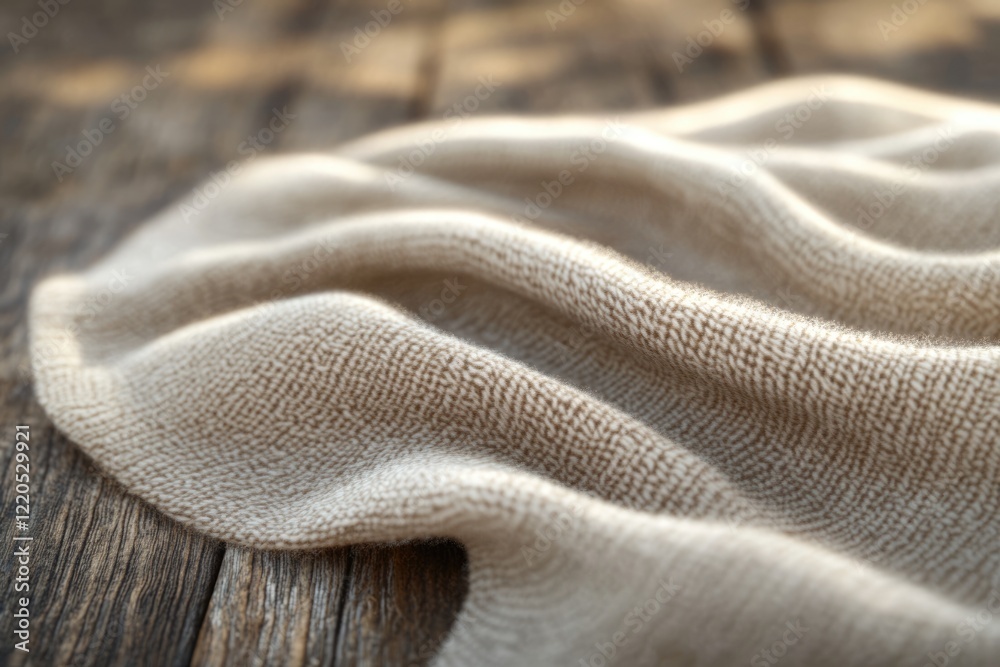 Soft beige knitted fabric draped on a rustic wooden surface, showcasing its texture and warmth. Soft beige knitted fabric draped on a rustic wooden surface, showcasing its texture and warmth.