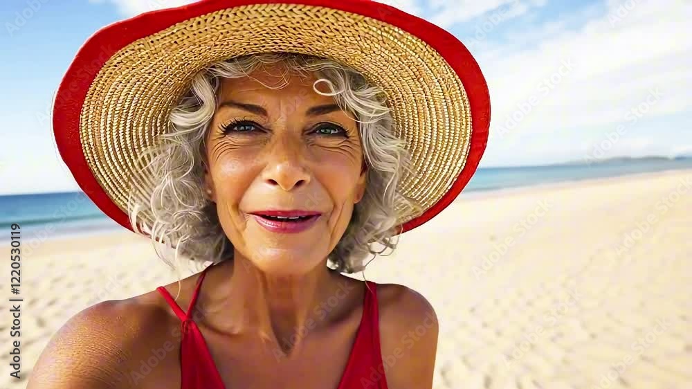 An adult woman with gray hair smiles and takes selfie against the background of sea. Portrait of beautiful middle-aged woman in red swimsuit and straw hat on the beach. Happy old age, pensioners trave