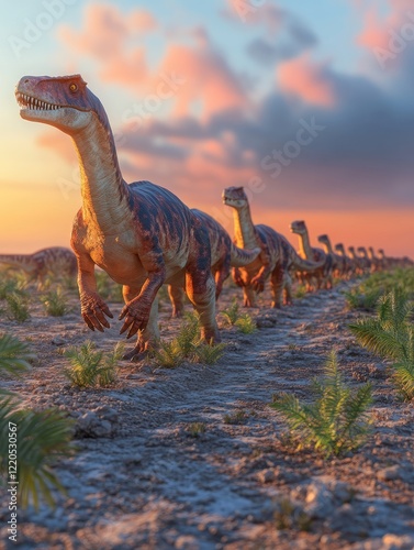 Dinosaurs migrating at sunset, prehistoric landscape, ancient wildlife, educational use