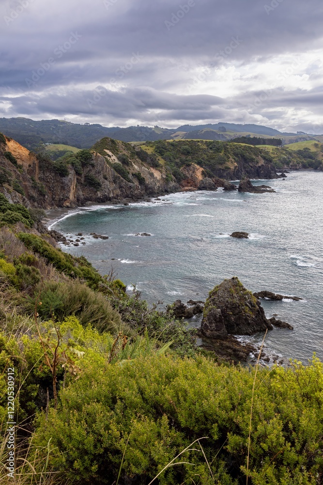 Coastal scenery with dramatic cliffs and waves crashing on rocks. A moody overcast day. Nature's beauty. MAHINEPUA PENINSULA, NORTHLAND, NZ Coastal scenery with dramatic cliffs and waves crashing on rocks. A moody overcast day. Nature's beauty. MAHINEPUA PENINSULA, NORTHLAND, NZ