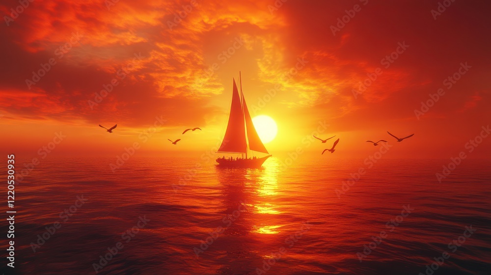 Fototapeta premium Sailboat sunset ocean fiery sky birdscape travel