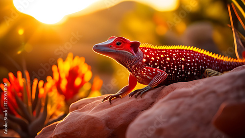 Close-Up of an Ackie Monitor's Natural Habitat, Vibrant Red and Yellow Patterns, Rocky Terrain, Desert Vegetation, Sunlit Environment, Capturing the Essence of Its Unique Ecosystem photo