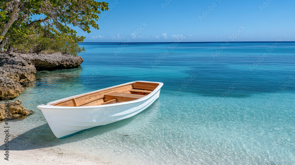 traditional wooden boat anchored in calm bay with clear water traditional wooden boat anchored in calm bay with clear water