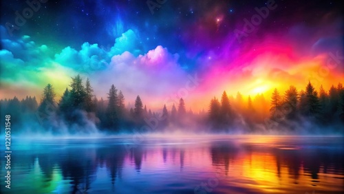 Wallpaper Mural Enchanted Forest Lake at Dawn with Vibrant Aurora Colors and Starry Sky Torontodigital.ca