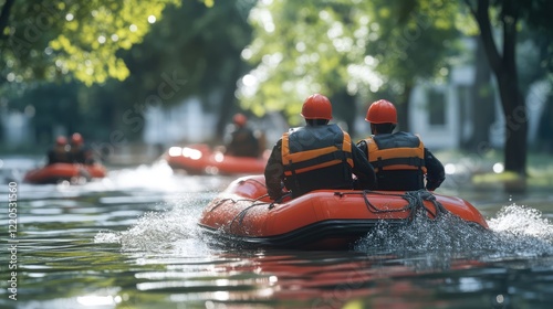 Flood disaster rescue operations team using rubber boats photo