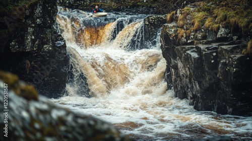 A stunning view of a cascading waterfall surrounded by rugged rocks and lush greenery. Water flows powerfully, creating a serene atmosphere. Generative AI