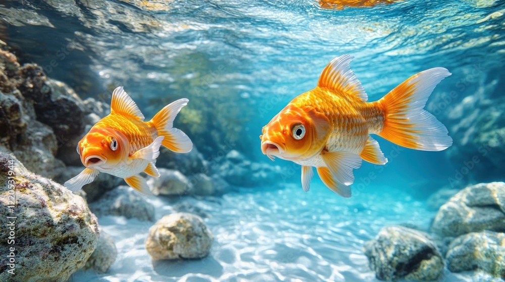 Fototapeta premium Two goldfish swim in shallow tropical water over sand