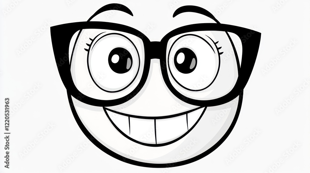 Happy Nerd Face with Glasses: A cheerful cartoon illustration of a smiling face wearing spectacles, conveying intelligence and joy. Happy Nerd Face with Glasses: A cheerful cartoon illustration of a smiling face wearing spectacles, conveying intelligence and joy.