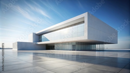 Modern Architectural Design A Sleek Contemporary Building with Expansive Glass Windows and a Spacious Plaza