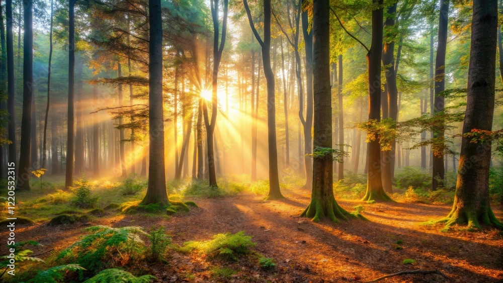 Obraz premium A misty forest floor is illuminated by the soft glow of dawn as sunlight filters through the trees, gentle light, serene scene, misty forest, tree canopy, sun rise